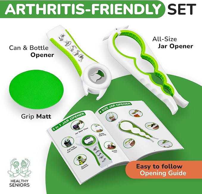 Jar Opener for Weak Hands and Seniors with Arthritis, 5 in 1 Multi Function Bottle Opener Lid Opener For Arthritic Hands with Non Slip Gripper For Opening Jars And Bottles (Green)