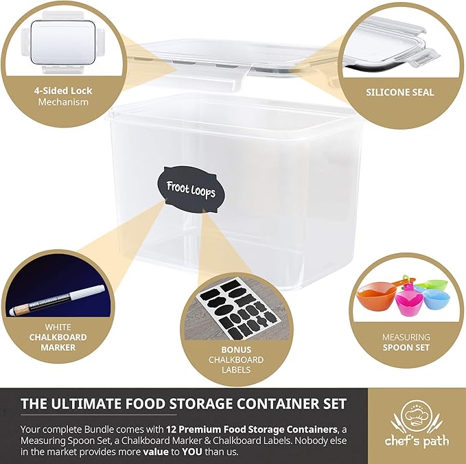 Chef's Path Airtight Food Storage Containers for Pantry & Kitchen Organization (12 PC Set) - BPA Free Bulk Canisters for Baking, Sugar, Flour & Supplies - Baking Storage Containers