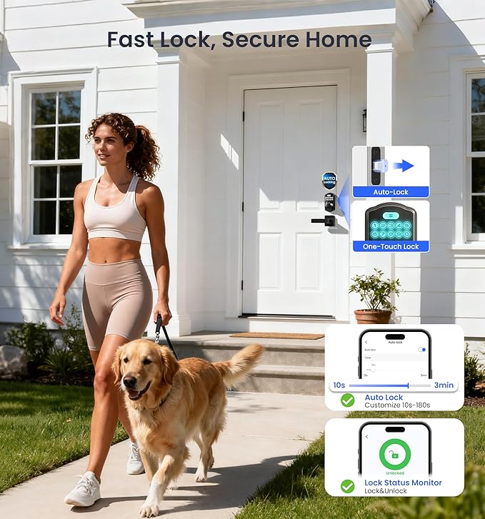 Veise VE012W-L Built-in WiFi Fingerprint Smart Lock with Lever Handle Set, App Remote Control, Keyless Entry for Front Door, Deadbolt Digital Backlit Keypad, Voice Assistant, Auto Lock, Matte Black