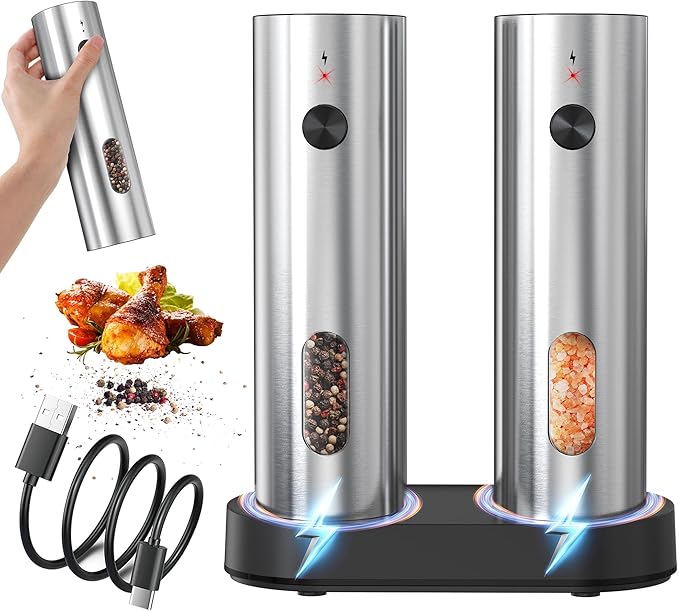 Electric Salt and Pepper Grinder Set,Upgradeable External Grind Adjustment for Coarse or Fine, Set with Rechargeable Base,LED Light, Ideal for Kitchen Cooking and Outdoor Grilling.