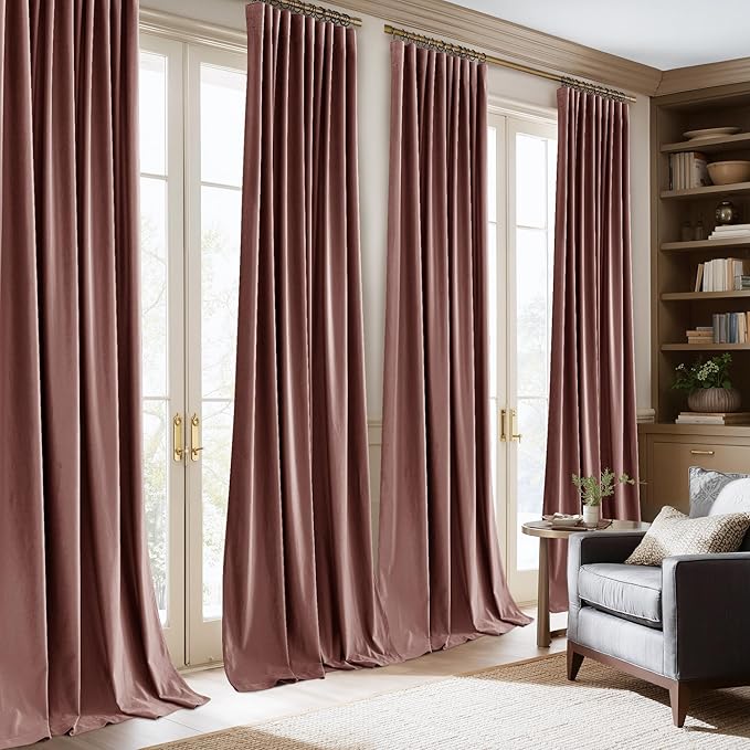 NICETOWN Dusty Rose Pink Blackout 108" Length Velvet Curtains for Sliding Door, Pleat Tape with Back Tab Extra Long Sound Proof Cat Proof Floor to Ceiling Drapes for Bedroom, 2 Panels, W52 Each Panel