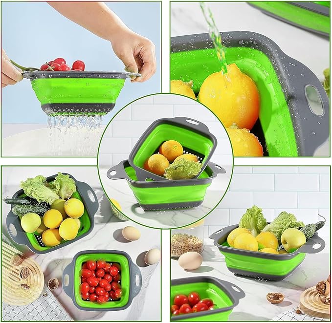 2 PCS Collapsible Colander, Collapsible Strainers for Kitchen, 11.5 inches Silicone Strainer and 9.5 inches Silicone Colander for Draining Vegetable fruit, Kitchen Food Strainer, Green