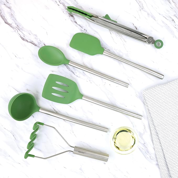 Tovolo Silicone Cooking Utensil Set of 6 Pesto Green Ladle Slotted Turner Tongs Flex Core Spatula Scraper Mixing Spoon and Potato Masher, Dishwasher Safe Non Toxic BPA Free Silicone Kitchen Utensils