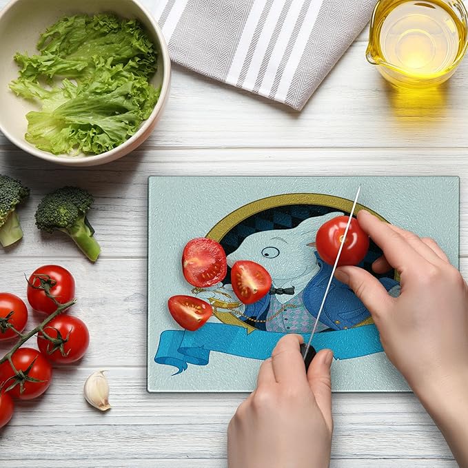 Ambesonne Alice in Wonderland Cutting Board, Rabbit Animal Bunny Character Alice Fantasy World Concept, Decorative Tempered Glass Cutting and Serving Board, Small Size, Earth Yellow White Blue
