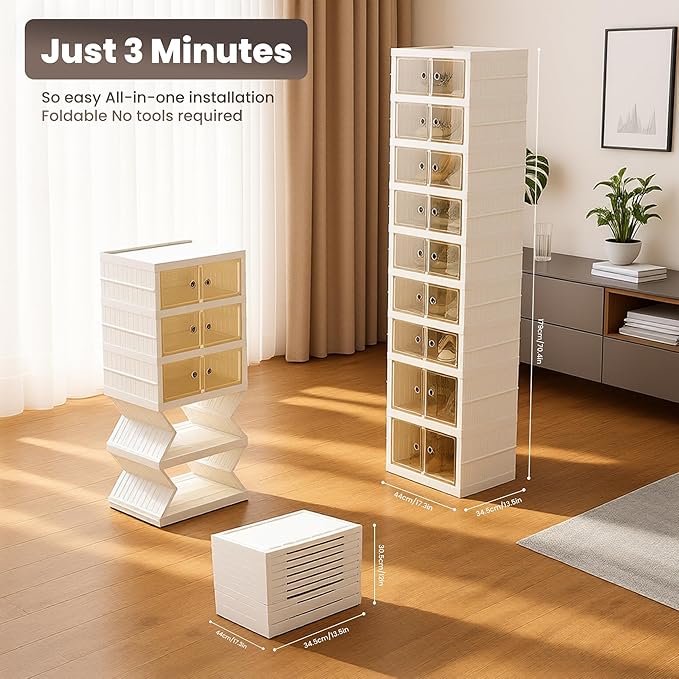 Foldable Shoe Organizer Storage Box, Portable Extra Large Folding Shoe Rack for Closet, Shoe Storage Box with Magnetic Transparent Door and Wheels, 9 Layers 18 Grids with 4 Big Grids