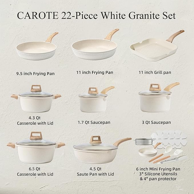 CAROTE 22pcs Pots and Pans Set Nonstick, Cookware Set White Granite Induction Kitchen Cooking Set w/Frying Pans & Saucepans& Grill Pan(PFOS, PFOA Free)