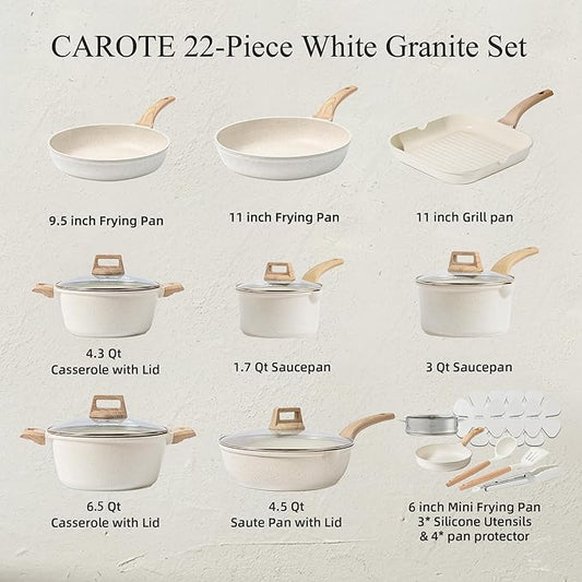 CAROTE 22pcs Pots and Pans Set Nonstick, Cookware Set White Granite Induction Kitchen Cooking Set w/Frying Pans & Saucepans& Grill Pan(PFOS, PFOA Free)