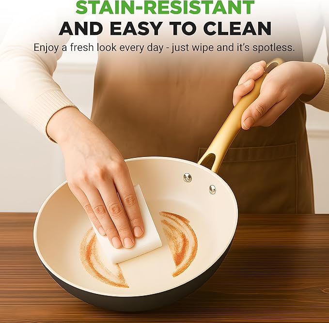 NutriChef 10-Inch Professional Ceramic Frying Pan - Medium Skillet with Golden Titanium Handle, Non-Stick Ceramic Coating, Stain-Resistant, Easy to Clean, Ideal for Home Cooking