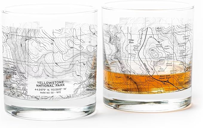 Black Lantern Whiskey Glasses - National Park Topographic Map Old Fashioned Glasses - 11oz. Rock Glass Set of 2 - Cocktail & Everyday Use Drinking Glasses - Dishwasher Safe (Yellowstone)