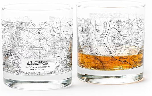 Black Lantern Whiskey Glasses - National Park Topographic Map Old Fashioned Glasses - 11oz. Rock Glass Set of 2 - Cocktail & Everyday Use Drinking Glasses - Dishwasher Safe (Yellowstone)