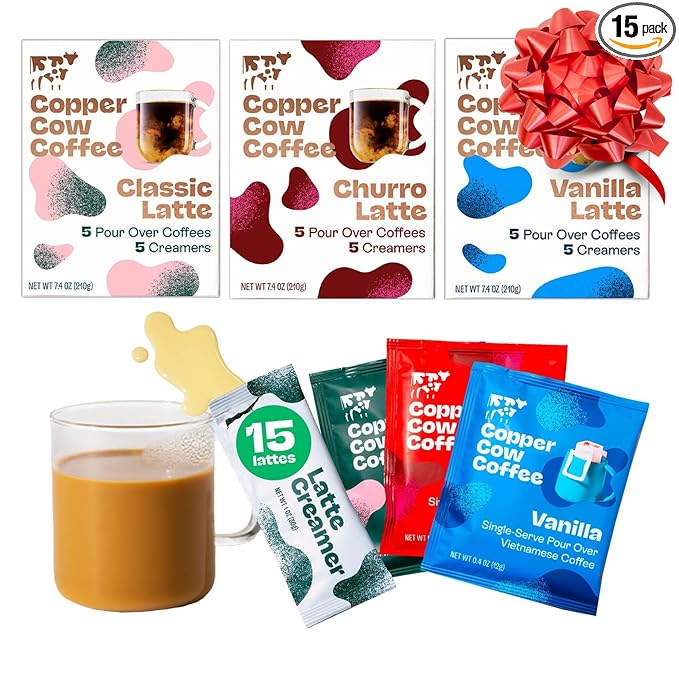 Copper Cow Vietnamese Coffee Variety Pack (15 Coffees & 15 Creamers)| Classic, Churro, & Vanilla Latte | Pour Over Single-Serve Lattes, No Refrigeration Needed, Travel Friendly Ground Coffee