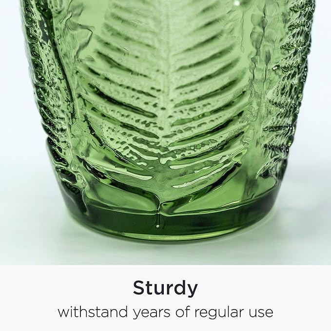 Vintage Green Drinking Glasses Set of 8 – 10 oz Embossed Textured Glass Cups, Retro Style Colored Drinkware for Water & Cocktails, Durable Decorative Kitchen Glassware, Unique and Cute Hostess Gift