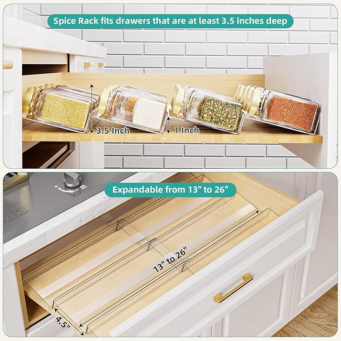 MIUKAA Acrylic Spice Drawer Organizer, 4 Tier - 8 Pack Seasoning Organizer for Drawer, Expandable From 13" to 26" Kitchen Drawer Spice Rack with Slip-Proof Mat (Jars not Included)