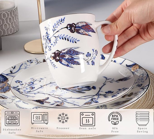 Bulgary Plates and Bowls Sets Dishes Set for 4, Ceramic Plates and Bowls Set, Service for 4, Bone China Dinnerware Set Salad Dessert Plates, and Cereal Bowls Set, Microwave safe by KOKEN