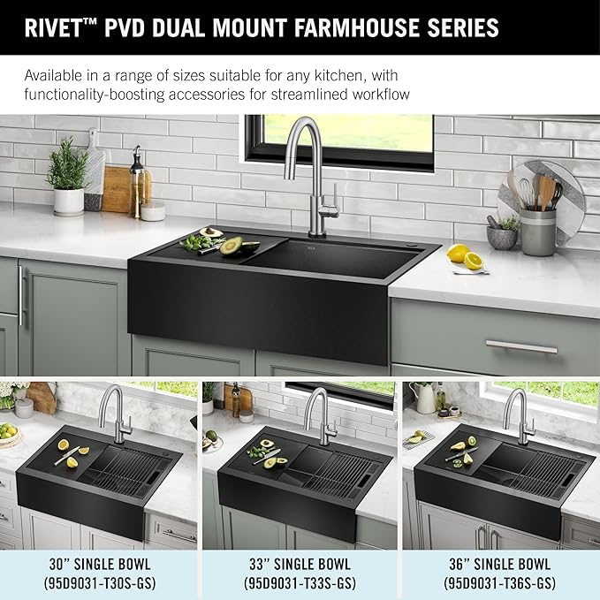DELTA FAUCET Rivet 33 In Black Stainless Steel Retrofit Farmhouse Apron Front Workstation Kitchen Sink Single Bowl/PVD Gunmetal Finish w/ Accessories for Top Mount Drop-In Installation,95D9031-T33S-GS