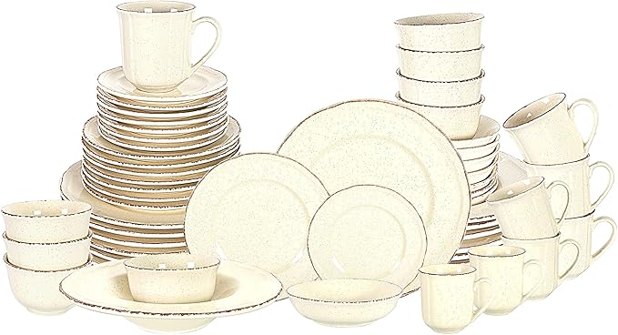 56pc Dinnerware Set, Plate and Bowl Set, Stoneware Dishes Set for 8, Microwave and Dishwahser Safe, Scratch Resistant, French Countryside Speckled Antique Cream
