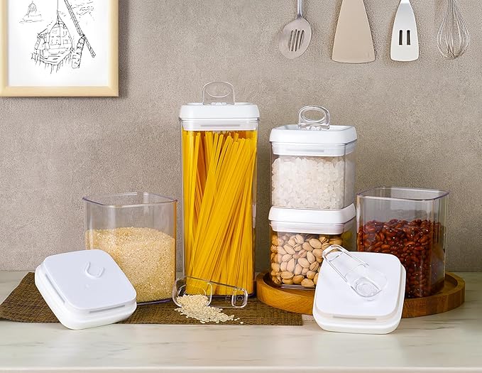 Felli Flip Tite Storage Container with Built-In Spoon & Airtight Lid 5” Large-M Ring Flip Top, Stackable Acrylic Canister for Rice Sugar Flour Protein Powder, Kitchen Pantry Organizer (1.8qt)