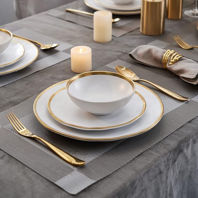 White Luxury Plates and Bowls Sets, 12 Piece Porcelain Dinnerware Sets Service for 4, Modern Dinner Plates Set, Gold Rim Dish Set for Wedding Anniversary Birthday
