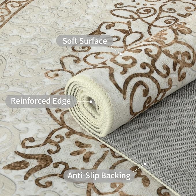 Easy-Going Area Rug 5x7 Washable Boho Neutral Rugs for Living Room Non-Slip Bedroom Rug Low Pile Lightweight Floral Brown Print Vintage Throw Rug for Dining Room Bathroom Kitchen Home Office Carpet
