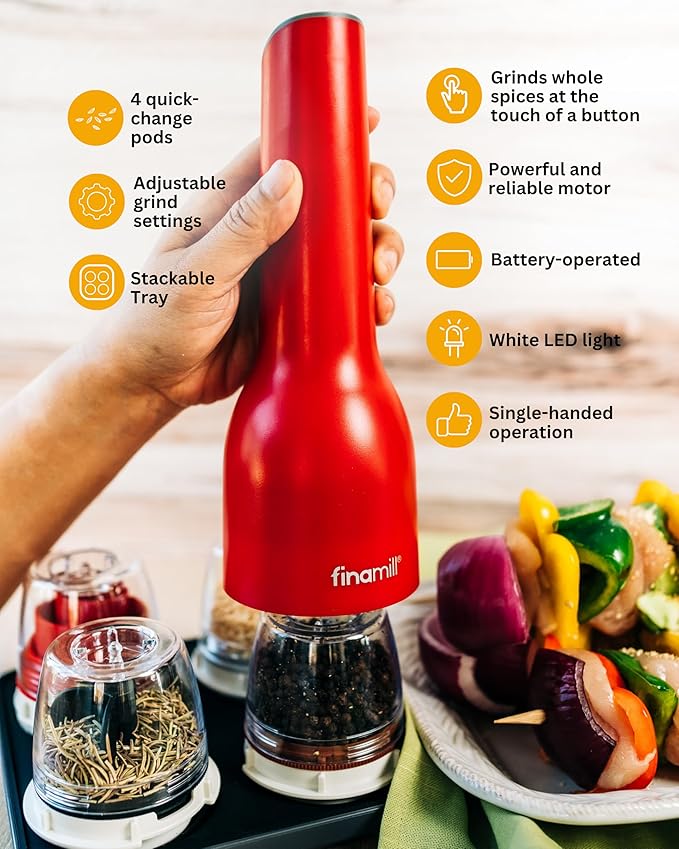 FinaMill Ultimate Gift Set – Battery Operated Spice Mill with 4 Interchangeable Spice Pods & Slate Quartet Stackable Tray, Adjustable Coarseness, Ceramic Grinder, LED Light, Easy One-Handed Operation