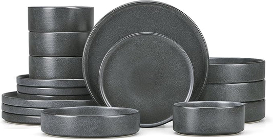Herogo 16 Piece Plates and Bowls Set, Ceramic Dinnerware Sets with Pasta Bowls, Kitchen Dinner Ware Dishes Service for 4, Chip & Scratch Resistant Dishware, Dark Gray