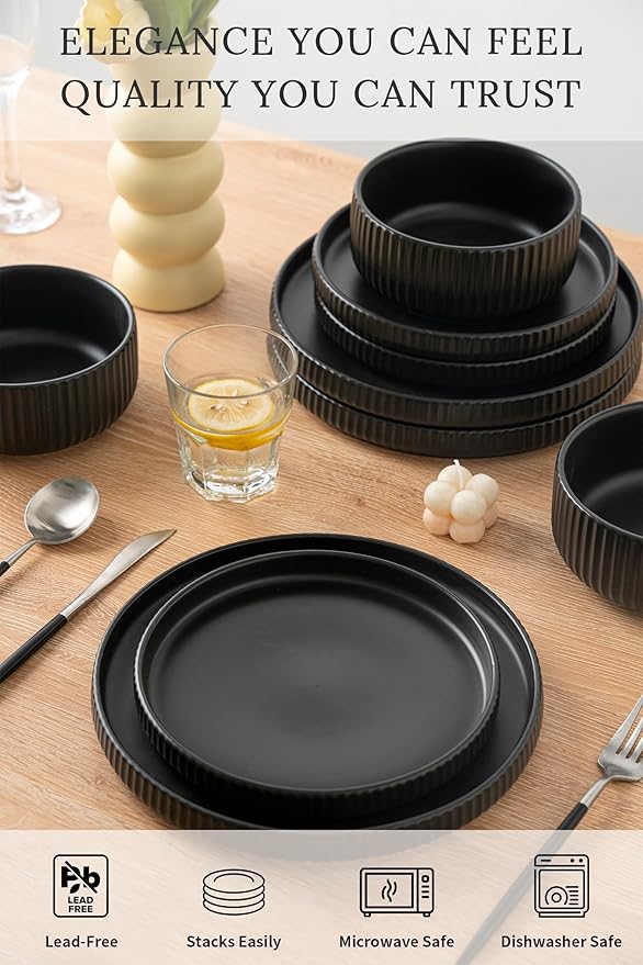 24 Piece Dinnerware Set,Bold Black Dish Set with Plates and Bowls for 8 – Premium Ceramic Tableware for Hosting & Large Gatherings