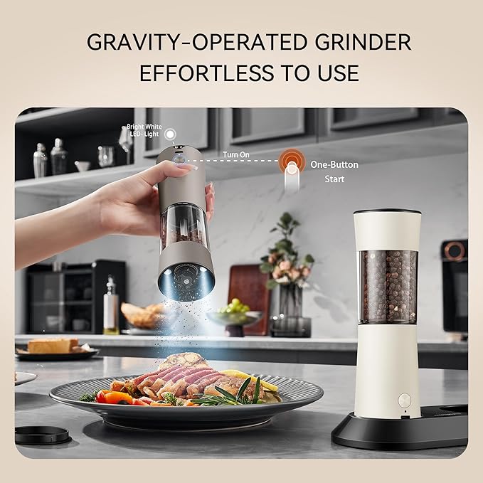 Gravity Electric Salt and Pepper Grinder Set – Rechargeable Pepper Mill with USB-C Charging Base, Dual LED Light, Automatic One-Handed Mill for Kitchen & Cooking, Cream Brown Design, 2 Pack