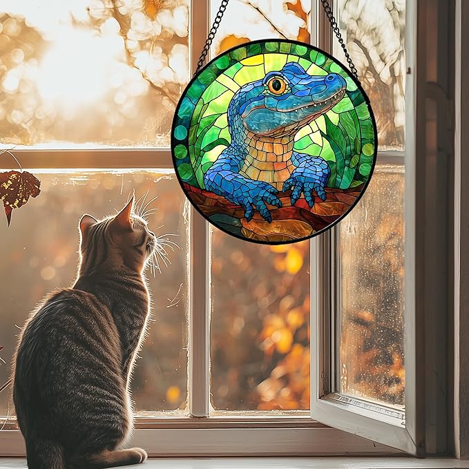 Stained Glass Window Hanging, Blue Alligator Sun Catcher for Window Door Home Decor Green Brown Suncatcher Christmas Mother's Day Birthday Gifts for Women Men Mom and Nana 7.8 in