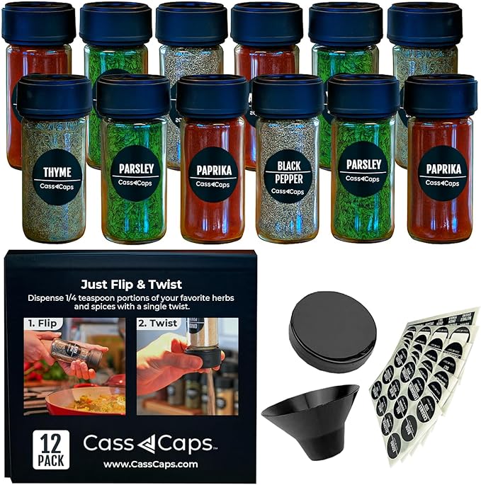 Spice Jars & Measuring Caps Set – Measure Straight from The Spice Jar! Faster Meal Prep, No Mess, No Clean Up. 12 Pack Holiday Special!