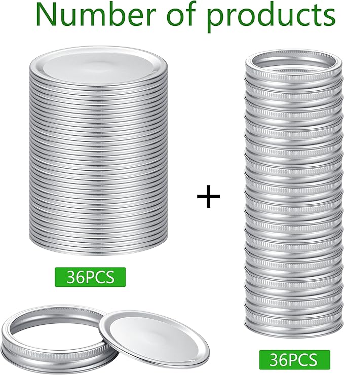 72Pcs Canning Lids with Rings Wide Mouth, for Ball, Kerr Jars - Split-Type Metal Mason Jar Lids for Canning - 100% Fit & Airtight for Regular Mouth Jars (36Lids+36Rings for Wide Mouth)