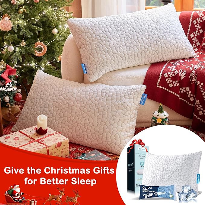 Cooling Pillow for Sleeping Shredded Memory Foam CertiPUR-US Certified, Stocking Stuffers Gifts, Adjustable Soft and Supportive Bed Pillow for Side, Back, Stomach Sleepers, Cool Pillow for Hot Sleeper