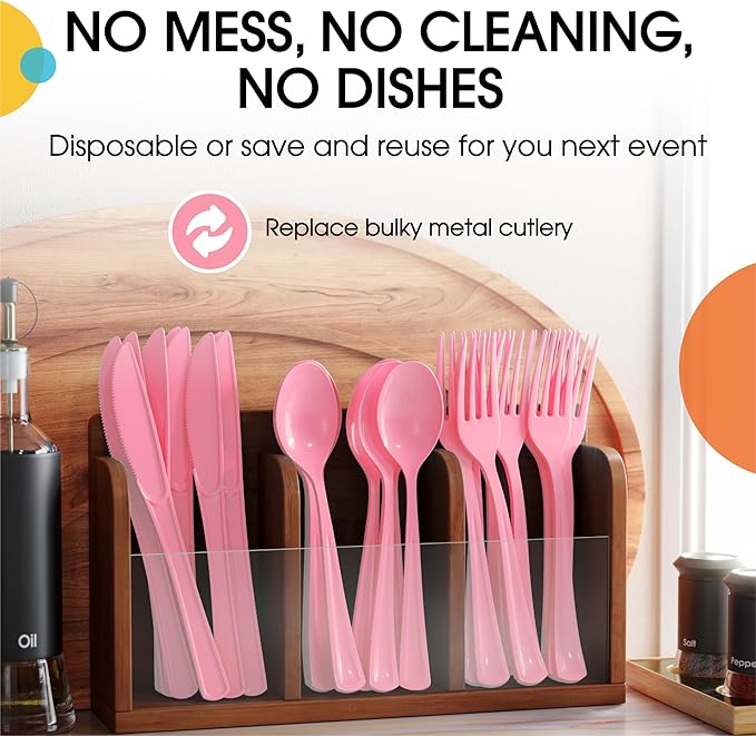 Party Solids Pink Plastic Silverware Heavy Duty 150 Pieces Pink Disposable Silverware Heavy Duty, Utensil Sets, 50 Of Each Forks, Knives & Spoons Disposable Cutlery Set For Party Supplies