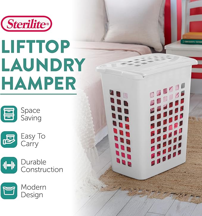 Sterilite 4 Pack Rectangular LiftTop Laundry Hampers, Plastic Clothes Basket with Lid