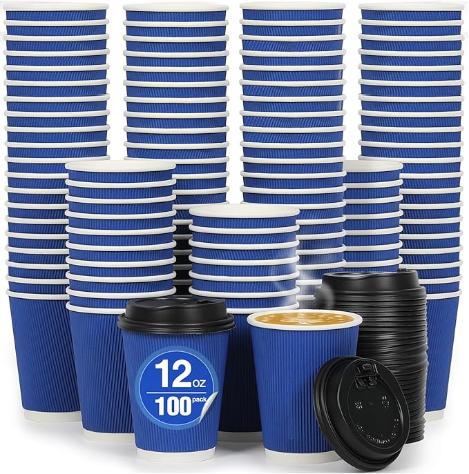 Disposable Blue Coffee Cups 12 oz 20 Pack, Paper Coffee Cups 12 oz for Hot Drinks or Cold Beverages, Insulated Corrugated Ripple Wall Cup for Office, Cafe, Home or Travel