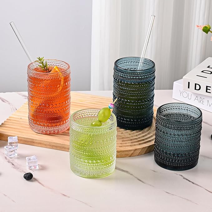 Vintage Glassware Drinking Glasses Set of 12,Clear 12oz & 15oz Hobnail Glass Cups,Embossed Water Tumbler,for Beer,Cocktail,Whiskey,Juice and Various Mixed Drinks- 1 Cleaning Brush