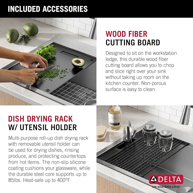 DELTA FAUCET Rivet 30-Inch Workstation Kitchen Sink Drop-In Top Mount 16 Gauge Stainless Steel Single Bowl with WorkFlow Ledge and Chef’s Kit of 5 Accessories, 95A931-30S-SS