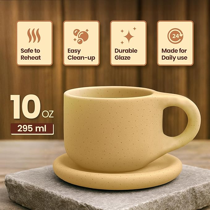 10oz Nordic Ceramic Coffee and Tea Mug – Cute Cup and Saucer Perfect for Coffee Lovers Gifts and Kitchen Essentials (Pink)