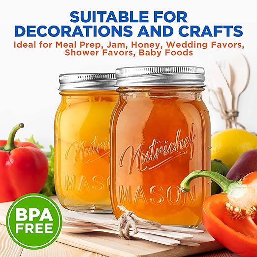 NutriChef 6-Pack 16 oz Mason Jars with Lids - Thick Glass Canning Jars with Stainless Steel Lids - Ideal for DIY Spices, Meal Prep, Overnight Oats, Jelly, Jam, Honey, Candles, Crafts, & More