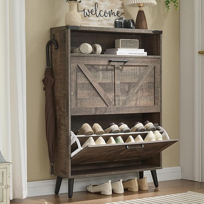 Shoe Storage Cabinet,Farmhouse Shoes Organizer with 2 Flip Drawers & Barn Door Design,Freestanding Hidden Slim Narrow Shoe Rack Cabinet with Open Shelves for Entryway,Hallway,Rustic Brown