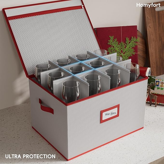 homyfort Wine Glass Storage Box with Dividers, China Stemware Storage Containers Hard Shell, Service for 12 Crystal Wine Glasses Or Goblet (Grey)