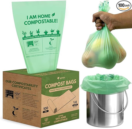 Compostable Trash Bags Small 1.6 Gal - 100 Count Green Compost Bags for Countertop Bin made of Cornstarch - Food Waste Compostable Bags Leakproof & Tear Resistant