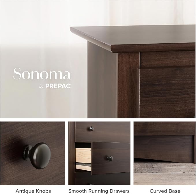 Prepac Sonoma 6-Drawer Double Dresser for Bedroom, Wide Chest of Drawers, Traditional Bedroom Furniture, 59" wide x 17.5" deep x 29" tall, Espresso