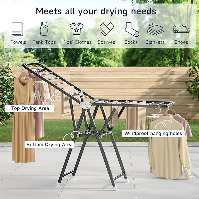 MIKEE Clothes Drying Rack,Stainless Steel Foldable Laundry Drying Rack for Indoor & Outdoor Use，with Height-Adjustable Wings，2-Tier Clothes Rack with Windproof Hanging Holes and Wheels，132 lb