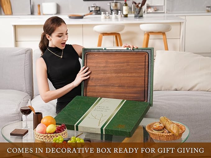 AZRHOM Walnut Wood Cutting Board, 20x15in X Large Wooden Chopping Boards with Deep Juice Groove and Side Handle, Thick Butcher Block for Kitchen Meat Cheese Gift for Wife Mom Gift Box