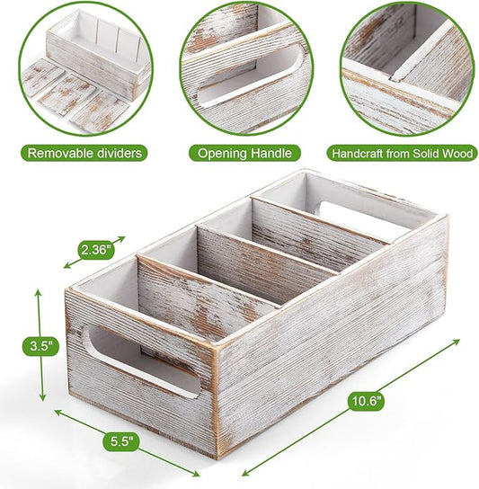 DRASTAR Pantry Organization and Storage Bins, Wooden Seasoning Packet Organizer with Removable Dividers, Retro White Storage Caddy for Kitchen, Pantry, Cabinet, Countertop