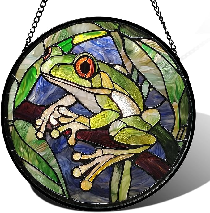 Stained Glass Window Hanging, Teal Frog Sun Catcher for Door Home Decor Green Suncatcher Christmas Mother's Day Birthday Gifts for Women Men Mom and Nana 6.3 in