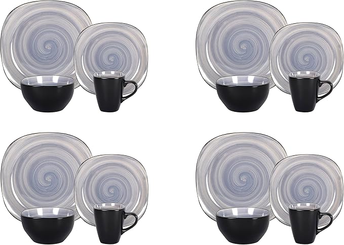 Stoneware Square 16pc Dinnerware Set, Inside Spinwash Swirl Grey + Outside Black