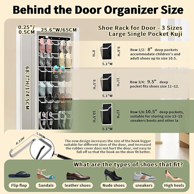 PAULONE Over the Door Shoe Organizer, 30 Multi-Size Large Breathable Mesh Pockets, Reusable Breathable Large Mesh Pockets, Boys' and Girls' Shoe Organizer, Space Saving Hanging Organizer (Black)