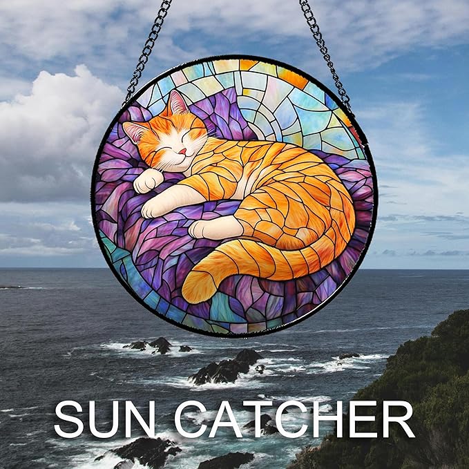 Stained Glass Window Hanging Sleeping Orange Cat 6.3" - Memorial Gift Suncatcher Door Sun Catcher Decor Birthday Christmas for Lost Pets Mom Men Woman Friend
