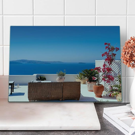 Ambesonne Modern Cutting Board, View of Mediterranean Santorini Aegean Sea Seascape Holiday Artwork, Decorative Tempered Glass Cutting and Serving Board, Large Size, Grey Sky